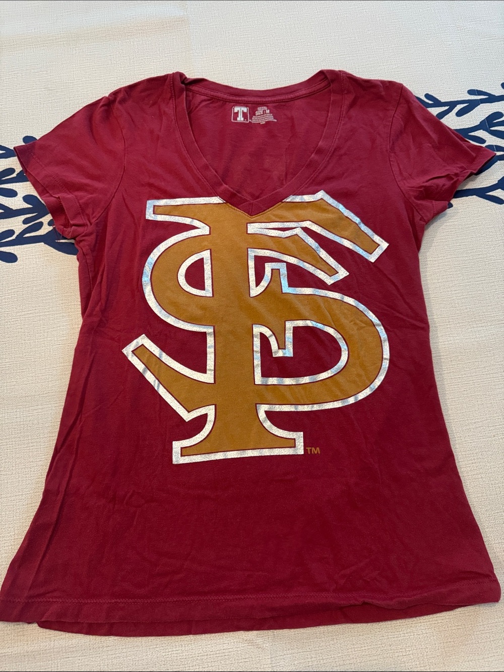 Women's Garnet Short Sleeve V-Neck Tee with Gold Logo